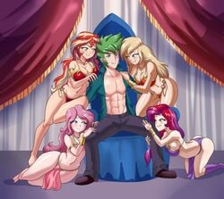 1boy 4girls abs aged_up applejack_(mlp) aqua_eyes belly_dancer belly_dancer_outfit big_breasts blonde_hair bracelet breasts cleavage cogbrony curvy dancer dancer_outfit equestria_girls femsub fluttershy_(mlp) friendship_is_magic green_eyes green_hair harem harem_girl harem_outfit hasbro human human_only humanized imminent_sex large_breasts loincloth long_hair male moondancer_(mlp) multicolored_hair multiple_girls muscular_male my_little_pony necklace open_shirt pecs pink_hair purple_eyes purple_hair red_hair spike spike_(mlp) straight_hair submissive_female sunset_shimmer voluptuous