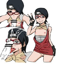 1boy 1girls black_hair blowjob_face boruto:_naruto_next_generations clothes_down cum_on_face cum_on_glasses cum_on_hair cum_on_tongue fellatio female glasses licking_penis looking_at_partner looking_at_viewer male naruto naruto_(series) no_bra no_panties pleasure_face sarada_uchiha shiimira short_hair small_breasts tongue_out