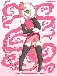 1boy abstract_background absurdres anthro bandages erection eyelashes femboy furry green_eyes hair_over_one_eye looking_at_viewer male male_focus male_only medium_penis no_pants original penis presenting rat reggie_(whygena) rodent skirt skirt_lift smile solo standing testicles thighhighs tongue_out uncensored white_background white_fur white_hair whygena