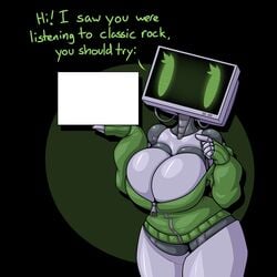 1:1 1girls 2d big_breasts breasts cleavage computer female female_only hips huge_breasts humanoid large_breasts limebot limebreaker looking_at_viewer robot robot_girl robot_humanoid screen_face solo solo_female text thick thick_thighs thighs wide_hips