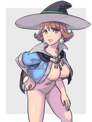 brown_eyes bule cape dragon_quest dragon_quest_iii earrings erect_nipples eyebrows_visible_through_hair eyelashes female hand_on_hip hat large_breasts leaning_forward mage_(dq3) open_mouth orange_hair pearl_earrings short_hair solo witch_hat