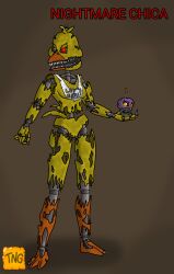 animatronic anthro avian beak bib bird chicken claws cupcake endoskeleton female five_nights_at_freddy's five_nights_at_freddy's_4 food galliform gallus_(genus) heterochromia hi_res machine metal_claws nightmare_chica_(fnaf) nightmare_cupcake_(fnaf) orange_body orange_eyes phasianid red_eyes robot scottgames sharp_teeth solo teeth the_nameless_guy yellow_body