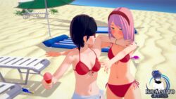 2girls 3d beach bikini black_hair blushing boruto:_naruto_next_generations breasts female_only glasses hairband ice_cream koikatsu kraguto_games looking_at_another medium_breasts medium_hair multiple_females nail_polish naruto naruto_(series) navel outdoors pink_hair reaching_out red_bikini sakura_haruno sand sarada_uchiha sarong short_hair side-tie_bikini small_breasts swimsuit teal_eyes