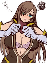 00s 1girls bandai bandai_namco bare_shoulders bra breasts brown_hair brown_sleeves cleavage coat collar covering covering_one_eye dazed detached_sleeves drool drooling empty_eyes female female_focus female_only femsub gloves green_eyes hair_over_one_eye high_collar hypnosis hypnotized hypnotized_female large_breasts light-skinned_female light_skin long_hair looking_at_viewer military military_uniform mind_control namco open_clothes open_mouth pink_bra saliva simple_background solo standing submission submissive_female tales_of_(series) tales_of_the_abyss tear_grants trance underwear undressing uniform upper_body white_background white_gloves yellow_trim zero_hime