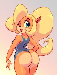 1girls anthro ass big_ass blonde_hair bubble_butt coco_bandicoot crash_(series) eye_contact female female_only furry green_eyes large_ass long_hair looking_at_viewer looking_back nitro one_eye_closed orange_fur ponytail simple_background solo swimsuit thick_ass thick_thighs thighs thong thong_leotard two_tone_fur wink