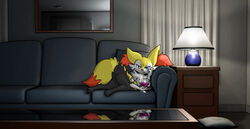 absurd_res anthro ball beverage blue_eyes braixen cheek_tuft cup facial_tuft female fur furniture genitals hi_res inner_ear_fluff inside lamp looking_at_viewer lying mammal nintendo nude pokémon_(species) pokemon pokemon_(species) pussy sofa solo tuft twotails video_games yellow_body