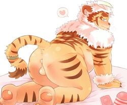 2020 all_fours anthro anus ass balls belly blue_eyes blush bodily_fluids condom cum cum_on_anus felid genital_fluids genitals heart hombretigre kemono male male_only mammal overweight overweight_anthro overweight_male pantherine sex_toy sexual_barrier_device solo tiger tokyo_afterschool_summoners tongue tongue_out video_games xttttd