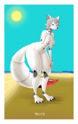 10ne-v absurd_res alexa anthro beach big_breasts border breasts canid canine clothing female fox grey_hair hair hi_res legwear living_machine looking_at_viewer machine mammal nipples robot seaside solo sun thigh_highs white_border wide_hips