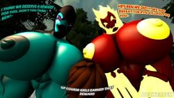 2girls 3d 3d_(artwork) ass_bigger_than_head ben_10 ben_tennyson bigger_female breasts_bigger_than_head casual casual_nudity chaquetrix character_request deckersfm female fire_girl huge_ass huge_breasts nude smaller_male teasing