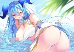 1girls areola blue_hair blue_horns blush breasts cleavage dragon_horns embarrassed female female_only gloves hair_between_eyes horns indie_virtual_youtuber light-skinned_female light_skin monster_girl neno_vi nipple one_eye_closed outside pink_eye solo tiadis_(vtuber) virtual_youtuber water white_gloves