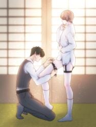 2boys black_hair brown_hair dress_shirt dressing full_body garter_belt garter_straps gay gintama hijikata_toshiro kneeling light_brown_hair male male_only okita_sougo pale-skinned_male pale_skin police_uniform profile shinsengumi_(gintama) standing tsuki_gntm2 twink undressing uniform yaoi