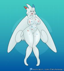 avian avian_humanoid body_pattern dex_appeal female full_body monster_girl nintendo nipples nude nude_female pokemon pokemon_(species) pokemorph pubic_tuft pussy standing togekiss white_hair white_skin wings