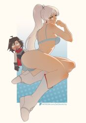 2girls ass ass_focus bangs blue_eyes blue_lingerie blue_underwear blush boobs boots breasts brown_hair earrings female female_only humor lingerie long_hair looking_at_viewer nosebleed ponytail pose ruby_rose rwby seductive_look sexy_pose shoes shoes_on side_ponytail smile tagme thick_ass thick_thighs underwear weiss_schnee white_hair yellow_nicky_(artist) yuri