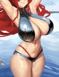 alternate_breast_size arms_behind_head breasts cleavage cropped eu03 female goddess_of_victory:_nikke large_breasts legs_together long_hair navel o-ring red_hair red_hood_(nikke) smile summer swimsuit thick_thighs thighs unfinished unzipped