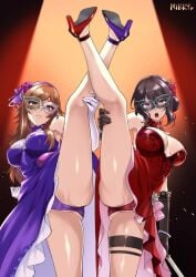 2girls artist_name black_hair brown_eyes brown_hair claire_kagenou cleavage cleft_of_venus clothes_lift dress dress_lift elbow_gloves exposing_self fancy_clothing fancy_dress flower_hair_ornament flower_in_hair hairband high_heels kage_no_jitsuryokusha_ni_naritakute! large_breasts legs_held_together legs_held_up legs_up lifted_by_self mask masked masked_female mibry_(phrysm) nu_(the_eminence_in_shadow) open_mouth panties posterior_cleavage presenting presenting_crotch presenting_self presenting_vagina red_eyes showing_off showing_panties the_eminence_in_shadow thigh_strap upper_teeth upskirt