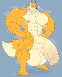 blushing bodybuilder flaccid fox furry gab_art hyper hyper_balls hyper_cock hyper_genitalia hyper_penis hyper_testicles male male_only muscles muscular muscular_arms muscular_male musk musk_clouds nude solo solo_male sweat sweating sweaty sweaty_body throbbing_penis