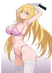 +_+ 1girls 2020 2020s armpits arms_up blonde_hair bow bow_bra bow_panties bra breasts brown_eyes cleavage controller crystal_shoujo elbow_gloves female gloves hair_between_eyes hi_res highleg highleg_panties holding holding_remote_control large_breasts light-skinned_female light_skin long_hair navel panties pink_bra pink_panties remote_control shokuhou_misaki sidelocks simple_background solo sparkling_eyes standing star-shaped_pupils thighhighs to_aru_kagaku_no_railgun to_aru_majutsu_no_index underwear underwear_only unusual_pupils white_background white_gloves white_thighhighs