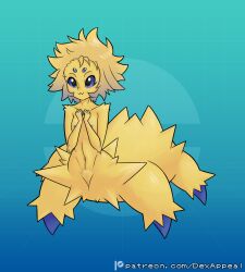 blue_eyes colored_nipples dex_appeal female full_body joltik multi_eye nintendo nipples nude nude_female petite petite_body petite_female pokemon pokemon_(species) pokemorph pubic_hair pubic_tuft pussy small_breasts spiky_hair w_mouth yellow_body yellow_fur yellow_hair