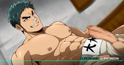 1boy abs bandaid bandaid_on_nose bara chest erection green_eyes green_hair hinomaru_zumou kunisaki_chihiro kuroshinki male male_focus male_only muscle nipples patreon_username pectorals penis shirtless short_hair solo sumo testicles thick_eyebrows upper_body