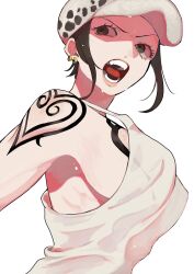 big_breasts black_eyes black_hair breasts canon_genderswap chest_tattoo color earrings female female_only genderswap genderswap_(mtf) grey_eyes hat headwear light-skinned_female light_skin looking_at_viewer no_bra oh_imo one_piece open_mouth pale-skinned_female pale_skin plain_background rule_63 short_hair short_hair_with_long_locks shoulder_tattoo side_view sideboob sidelocks solo solo_focus tank_top tattoo trafalgar_law trafalgar_law_(female) upper_body white_background