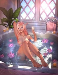 1girls 3d ass barefoot bath bathing bathroom blue_eyes breasts curvy curvy_body curvy_female curvy_figure elf feet female female_only high_elf hips legs looking_at_viewer nipples pale-skinned_female pale_skin pink_hair solo thighs thismelancholic toes warcraft world_of_warcraft wow