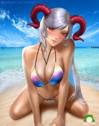 1girls artist_name bare_arms bare_legs bare_shoulders beach bikini blush breasts collarbone female fire_emblem fire_emblem_heroes freyja_(fire_emblem) grey_hair horns kneeling large_breasts leaning_forward long_hair looking_at_viewer multicolored_hair nextoad nintendo ocean red_eyes sand seaside silver_hair smile swimsuit water watermark web_address