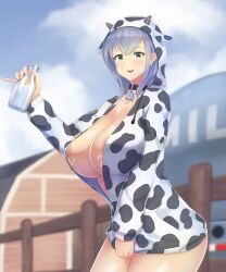 1girls 2022 areolae big_breasts blush cow_print cowbell female female_only green_eyes green_hair hololive hololive_fantasy hololive_japan hoodie hoodie_only inner_sideboob lactation looking_at_viewer milk_bottle milk_leaking shirogane_noel smiling smiling_at_viewer solo thick_thighs very_high_resolution virtual_youtuber warmcummies