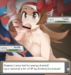 1boy 1girls absurdres breasts brown_eyes brown_hair censored clothed competitive_intercourse competitive_sex english_text erection fellatio game_freak gameplay_mechanics health_bar highres hud kim_da-yoon lance_(pokemon) lyra_(pokemon) motion_blur nintendo nipples nude oral penis philipposter pokemon pokemon_battle pokemon_gsc pokemon_hgss pokemon_rgby sexfight straight text text_box text_focus translated twintails