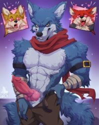 <3_eyes anthro basil_(dragon_ball) bergamo canid canine canis conditional_dnp dragon_ball erection genitals group heart hi_res knot lavender_(dragon_ball) male male_focus male_only mammal penis pinup pose presenting solo_focus wolf xnirox