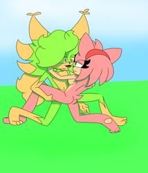 1boy ambiguous_penetration amy_rose anthos_the_lynx female furry_ears furry_tail green_fur green_lynx looking_pleasured naked orange_fur original_character outdoors_sex pink_fur public_sex puffy_tail skinny_male small_ass smiling sonic_(series)