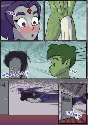 bathroom beast_boy big_breasts blush comic comic_page dc dc_comics evil_raccoon garfield_logan green_body green_eyes green_hair green_skin grey_body grey_skin muscular muscular_male nude purple_eyes purple_hair rachel_roth raven_(dc) teen_titans towel