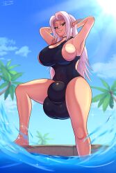 1futa balls big_balls big_breasts big_bulge breasts breasts_bigger_than_head bulge clothed clothing cloud coconut coconut_tree detailed_background elf elf_ears elf_futanari flaccid fully_clothed futa_only futanari huge_breasts huge_bulge humanoid light-skinned_futanari light_skin long_hair looking_at_viewer low-angle_view penis pointy_ears sideboob solo standing sun sunlight swimsuit tohilewd water white_hair