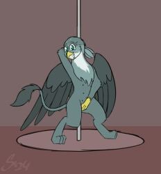 animated ass avian dancing female feral friendship_is_magic gabby_(mlp) grin gryphon hasbro my_little_pony mythological_avian mythology pole pole_dancing smile solo sombird spinning spread_butt spread_wings spreading stripper_pole wings