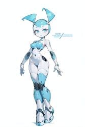 ai_generated blue_body blue_eyes blue_hair gray_hair highres jenny_wakeman my_life_as_a_teenage_robot nickelodeon ponceai robot robot_girl robot_humanoid robot_joints simple_background smiling smiling_at_viewer technology twitter_username white_background xj-9