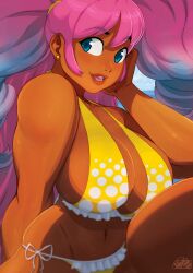 beach bikini blue_eyes blue_hair drill_hair earrings huge_breasts ming-ming_yúan pink_hair tovio_rogers twintails