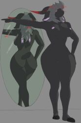 2023 anthro areola ass back_view baehemoth_(sheo) big_breasts big_butt black_body black_fur bovid breasts caprine cel_shading demon digital_drawing_(artwork) digital_media_(artwork) fallen_angel female fur genitals gesture goat grey_hair hair halo hand_on_hip hi_res hooves horn mammal nipples nude pointing pussy reflection scar shaded sheo signature simple_background solo standing tail thick_thighs