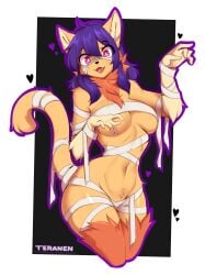 :3 anthro anthro_female anthro_only artist_name artist_website barely_clothed big_ass cat_ears cat_girl cat_humanoid cat_tail catgirl curvaceous curvy curvy_female cute_fang feline feline_humanoid female furry furry_female furry_only heart mummy mummy_costume no_clothes oerba_yun_fang open_mouth orange_fur original_character pink_eyes purple_hair teranen wrappings yellow_body yellow_fur