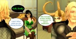 1girls 2_panel_comic 2boys 3d asgard asgardian big_breasts dialogue human human_only lady_loki light-skinned_female light-skinned_male light_skin loki_(marvel) marvel marvel_comics nipples_visible_through_clothing pof3445 rule_63 the_sims the_sims_4 thor_(marvel) thor_(series)