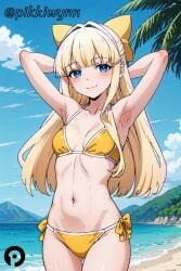 ai_generated armpits arms_behind_head arms_up bangs beach bikini blonde_hair blue_eyes blue_sky blush bow breasts closed_mouth cloud collarbone cowboy_shot day female hairbow long_hair looking_at_viewer mahou_shoujo_ni_akogarete navel ocean outdoors pikkiwynn side-tie_bikini_bottom sky small_breasts smile solo stomach string_bikini swimsuit tenkawa_kaoruko thigh_gap tree yellow_bikini yellow_bow