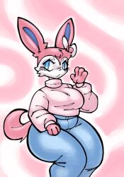 2023 anthro belly big_breasts blue_eyes blue_inner_ear bow bow_ribbon breasts chubby chubby_female clothed clothes female female female_only fur furry game_freak hairbow hand_on_thigh huge_breasts huge_thighs looking_to_the_side nintendo pink_body pink_fur pokémon_(species) pokemon pokemon pokemon_(species) simple_background solls0ll solo solo_female sylveon tagme tail thick_thighs thighs voluptuous voluptuous_female white_body white_fur wide_hips