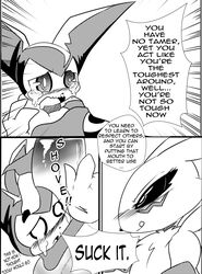 2boys absurd_res ambiguous_gender anthro black_and_white black_sclera blush bodily_fluids canid canine canis claws clothing comic dialogue digimon digimon_(species) duo english_text fight fox gay genitals girly gloves handwear hi_res imp impmon licking licking_lips male male/male male_only male_renamon mammal monochrome outside penis renamon simple_background size_difference tears text tongue tongue_out tuft white_crest yaoi