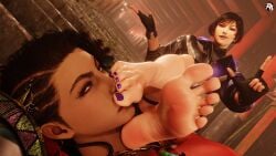 3d asian asian_female azucena_milagros_ortiz_castillo barefoot feet female foot_fetish foot_focus fully_clothed japanese_female latina namco no_penetration peruvian_female purple_nails reina_mishima ryona-ashi smothering tekken tekken_8 yuri