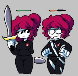 annoyed arcaned_roses before_and_after black_pants black_shirt bruised damaged_clothes damaged_clothing fanart female guest_(roblox) health_bar no_underwear pink_hair roblox roses_arcaned sunglasses sword tagme white_body