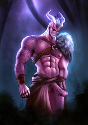 1boy abs absurdres bara beard demon_horns erection facial_hair hand_on_own_penis highres horns jaxinto large_pectorals male_focus male_masturbation masturbation muscular muscular_male nude original pectorals penis white_horns