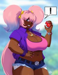 blue_eyes blue_hair blue_shorts dark-skinned_female huge_breasts jacket jean_shorts ming-ming_yúan pink_hair pink_nails poke_ball shorts smile tovio_rogers twintails