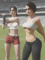 2girls 3d abs beddetective claire_redfield female female_focus female_only handwraps headphones jill_valentine leggings looking_at_viewer multiple_girls resident_evil shorts sports_bra sportswear