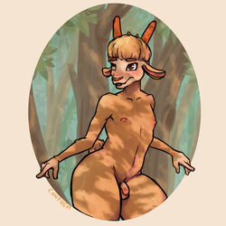 1:1 anthro ass balls big_butt bovid canphem caprine dappled_light exhibitionism forest forest_background furry genitals girly goat happy hi_res horn humiliation light lighting male mammal nipples nude penis pinup playful pose puffy_nipples small_balls small_penis small_penis_humiliation smile solo sph summer thick_thighs tree walking warm wide_hips