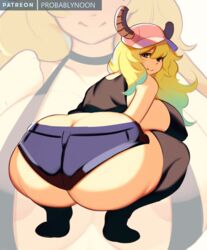 1girls ass ass_cleavage big_ass big_breasts booty_shorts butt_crack clothed clothed_female dat_ass dragon female female_only gigantic_ass hat high_resolution horns huge_ass large_ass large_breasts legwear looking_back miss_kobayashi's_dragon_maid multicolored_hair probablynoon quetzalcoatl_(dragon_maid) shorts sideboob solo solo_female squatting stockings thick_ass thighhighs unusual_pupils