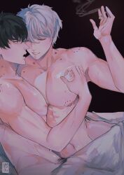 2boys after_sex bite_mark bite_marks black_hair cigarette closed_eyes gay gintama gintoki_sakata hickey hickey_marks hijikata_toshiro in_bed male male_only nowanor nude on_bed pubic_hair_peek smile toned toned_male white_hair yaoi