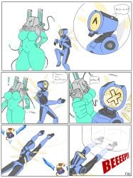 1boy 1girls big_breasts breasts buenos_dias_mandy chubby comic facrec featureless_breasts gameplay_mechanics hi_res meme mindflayer_(ultrakill) robot robot_boy robot_girl robot_humanoid self_upload simple_background slap surprised text text_bubble thick_thighs ultrakill v1_(ultrakill) wide_hips wings